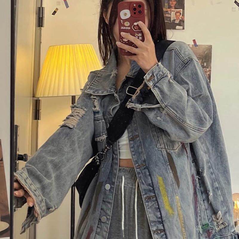 牛仔外套女春季新款宽松复古美式做旧百搭设计感破洞夹克上衣潮