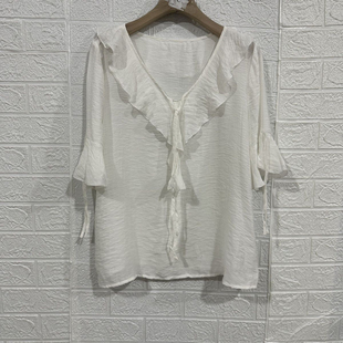 宽松上衣 甜美短袖 雪纺衫 荷叶喇叭系带防晒夏季 新款