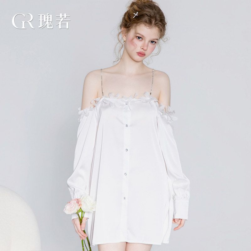 衬衫式瑰若链一字领装饰露肩花朵