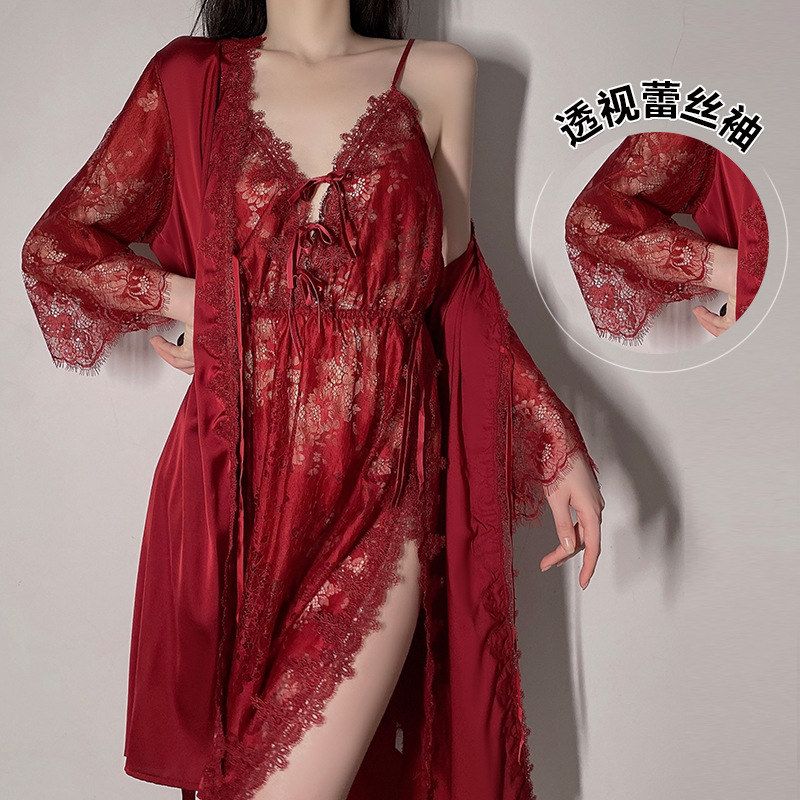 吊带套装大码女长款浴袍睡裙新娘