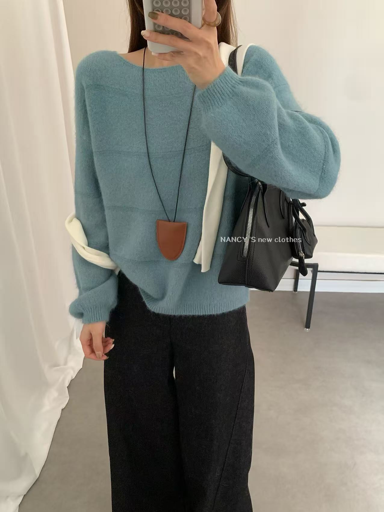 含兔毛带包包毛衣女2025秋新款圆领长袖针织衫女百搭小个子上衣女