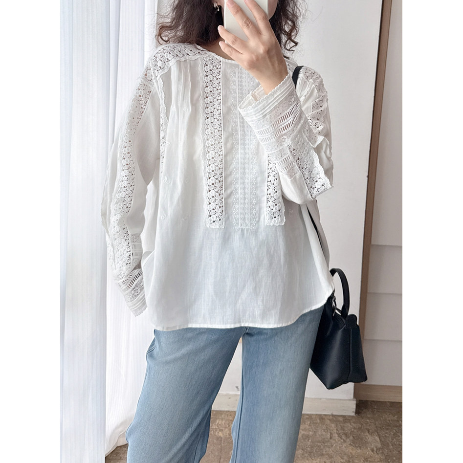 亚麻镂空蕾丝宽松圆领衬衫上衣