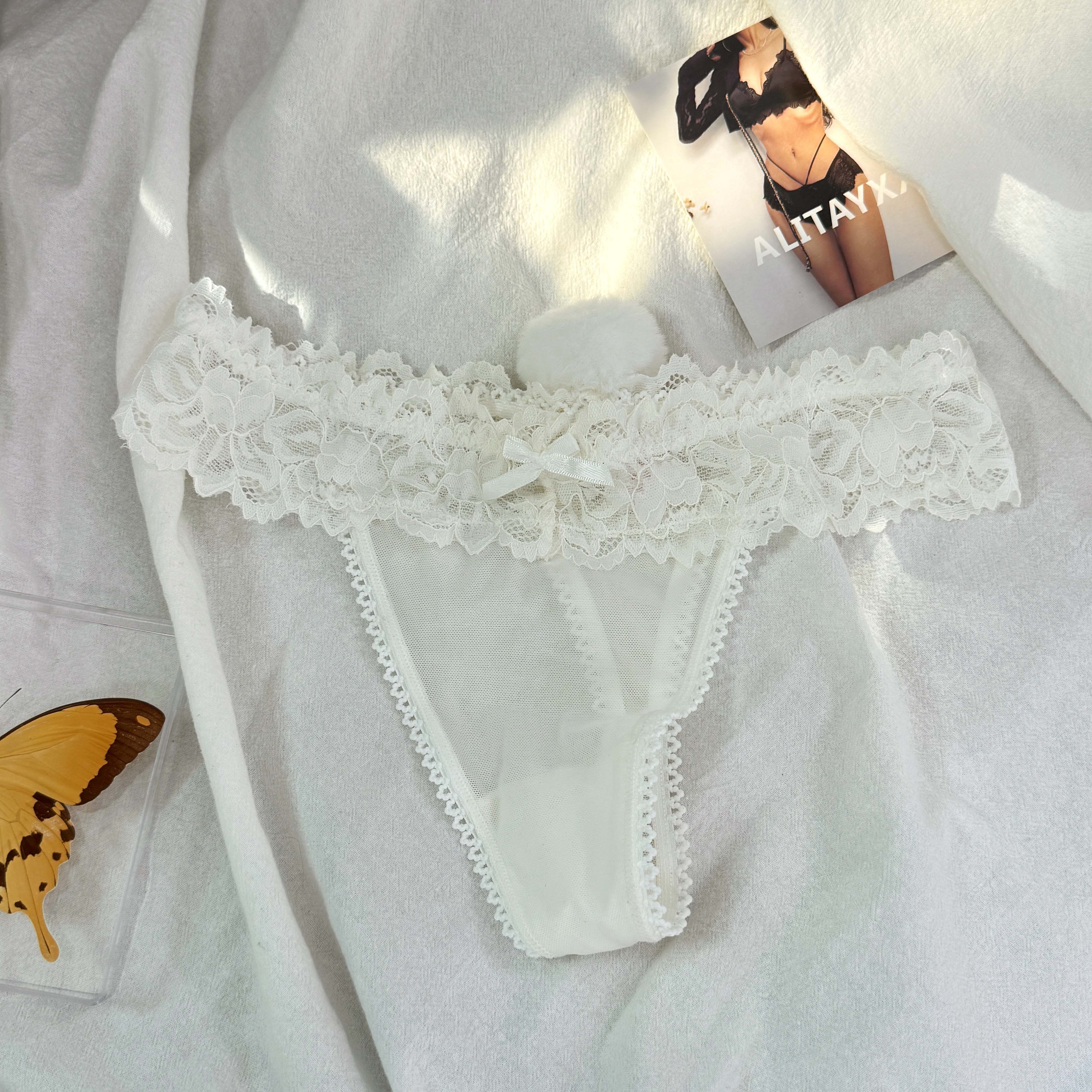 Alitayxx 兔尾网纱纯欲蕾丝镂空可爱日系女生透性感丁字三角内裤,女士内衣/男士内衣/家居服,女三角裤,淘宝优惠券,粉丝福利购,淘宝优惠卷