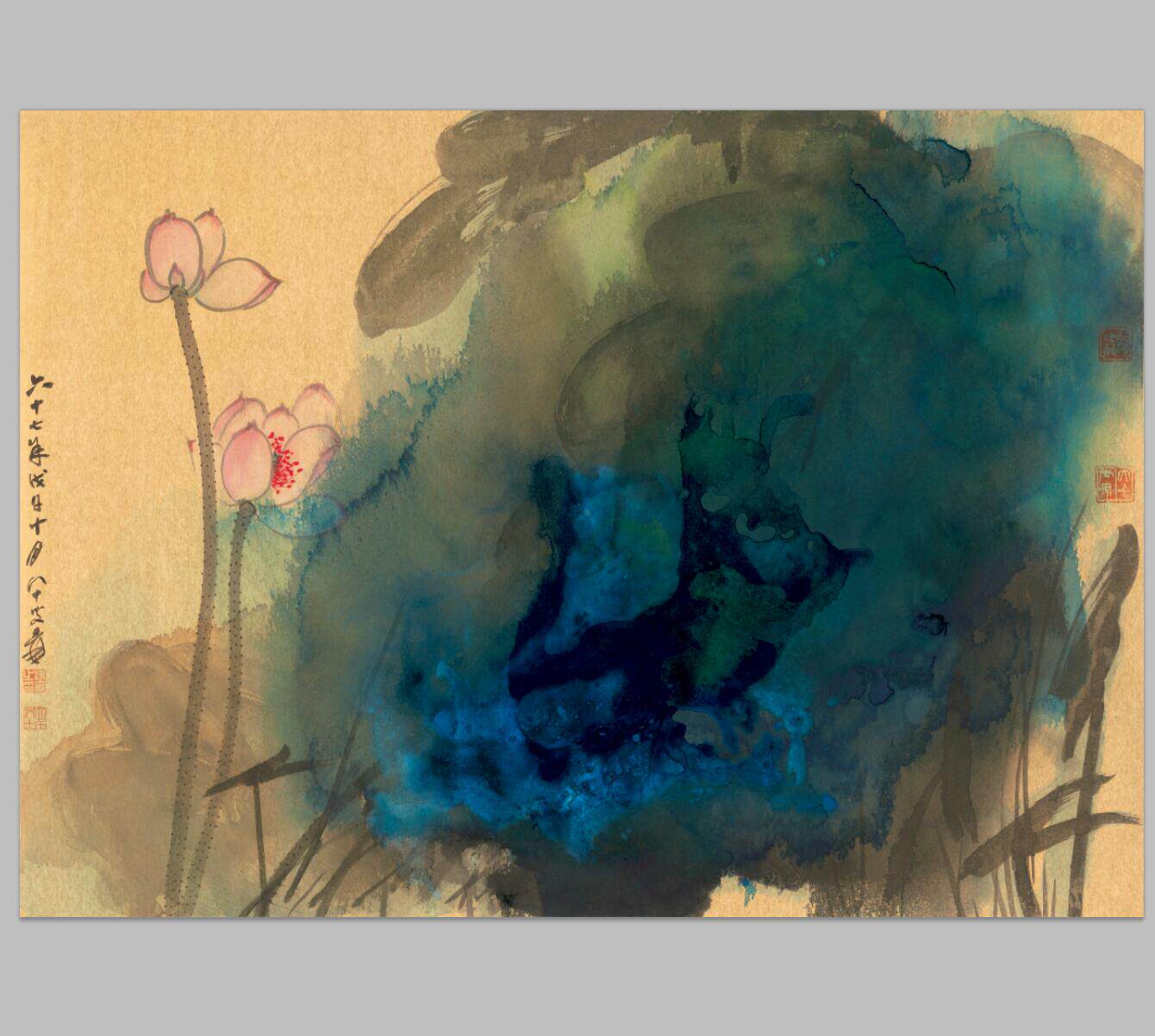 张大千 荷花 国画名家字画 装饰画 画心宣纸高清微喷打印画芯