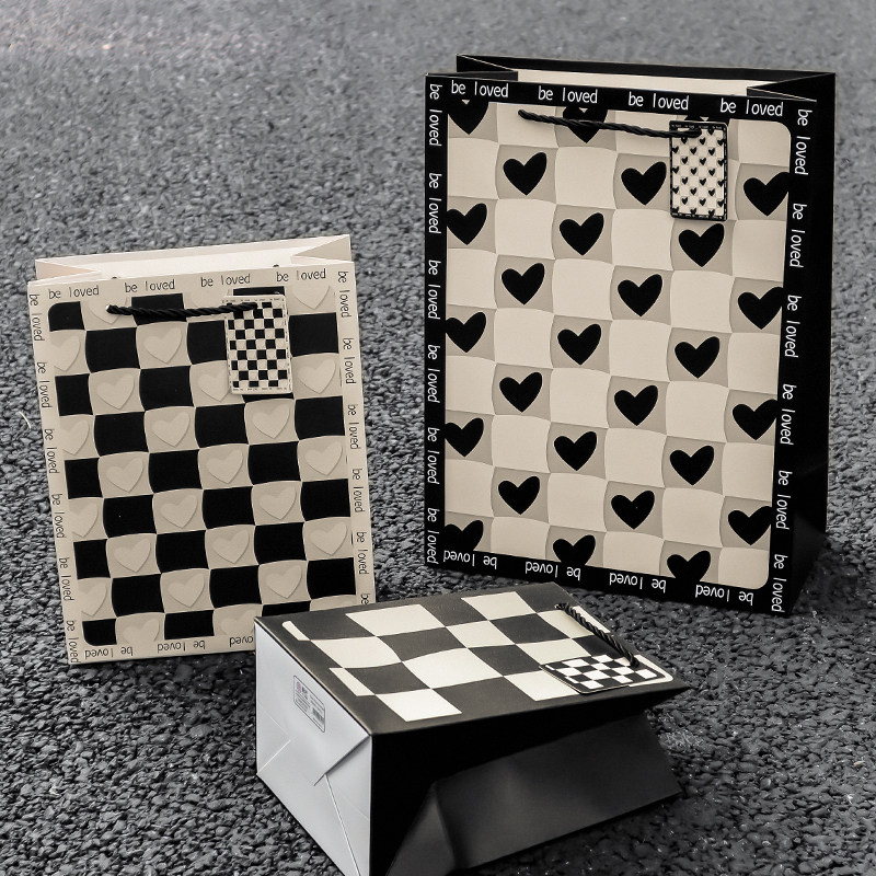 简约黑白格子礼品袋生日礼物包装袋小号加厚高质感礼物袋手提袋子