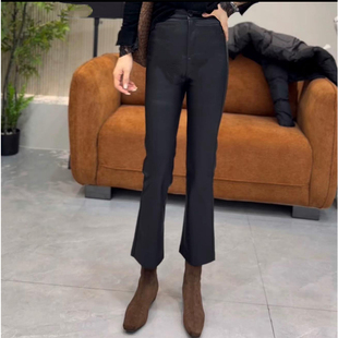 欧货黑色高腰加绒蛋白皮PU皮裤微喇叭裤女修身显瘦百搭直筒九分裤