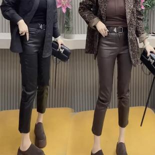 涂层皮裤冬季新款烟管加绒磨毛显瘦九分修身铅笔弹力小脚休闲女裤