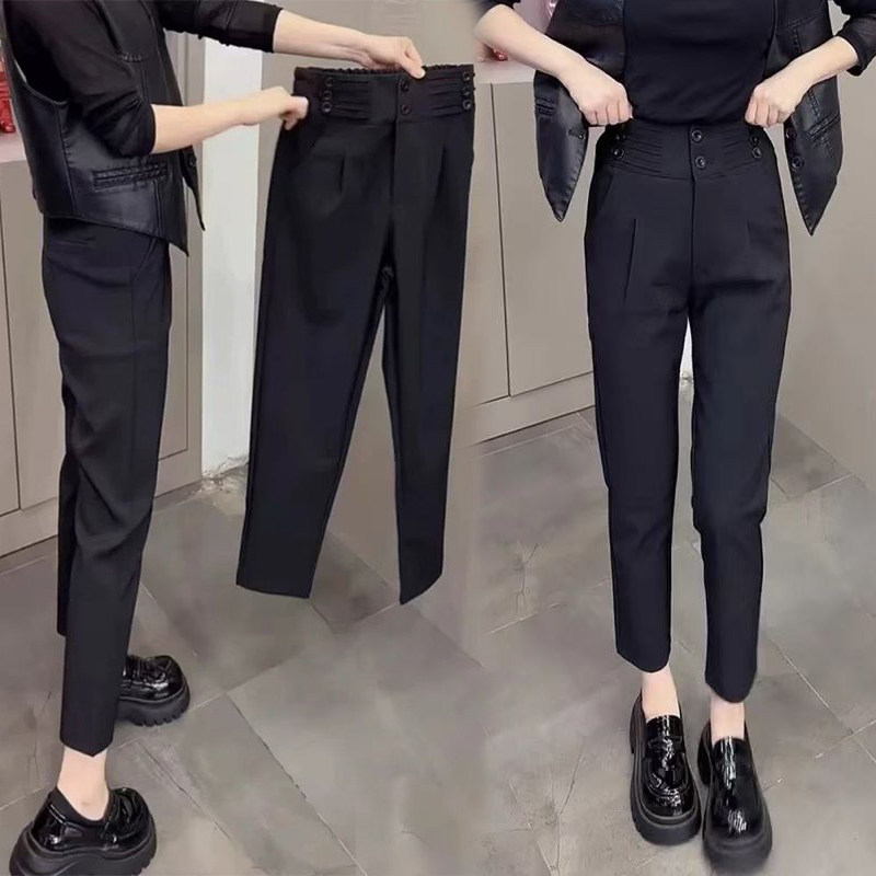 通勤OL风春季韩版高腰纽扣直筒裤女九分显瘦百搭休闲裤垂感小西裤