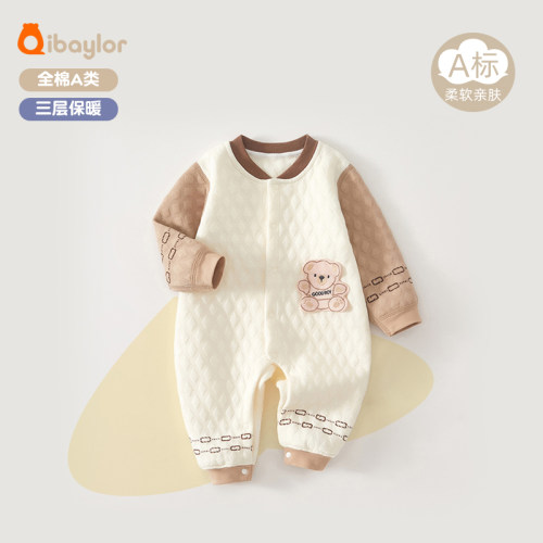 婴儿连体衣秋冬季宝宝衣服三层保暖秋装夹棉外套3-12个月宝居家服