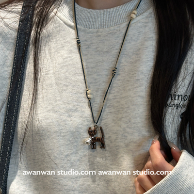 阿婉Wan 喵星人~可爱个性时髦长款猫咪毛衣链萌宠设计感项链