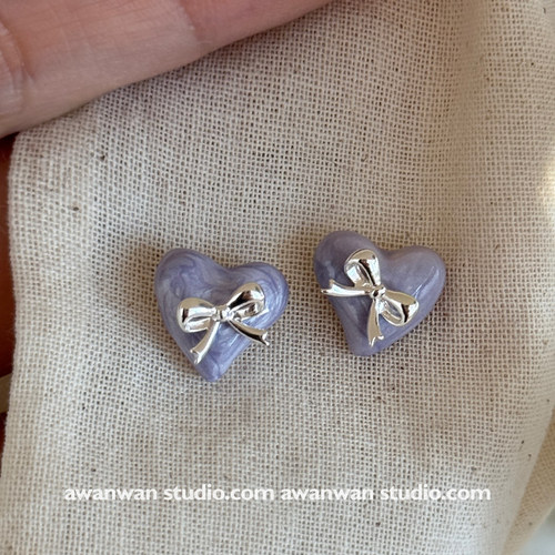 阿婉Wan  超嗲芋泥紫～滴釉爱心蝴蝶结少女心耳环甜美气质耳钉