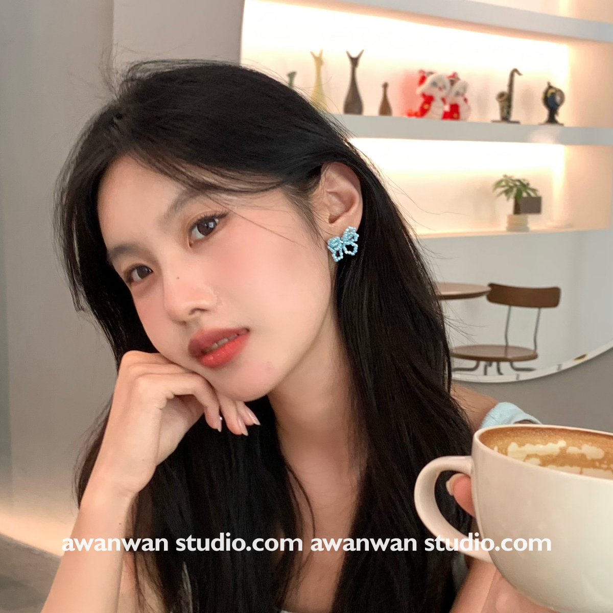 阿婉Wan薄荷味少女~淡蓝串珠编织蝴蝶结耳钉夏日小众百搭耳饰
