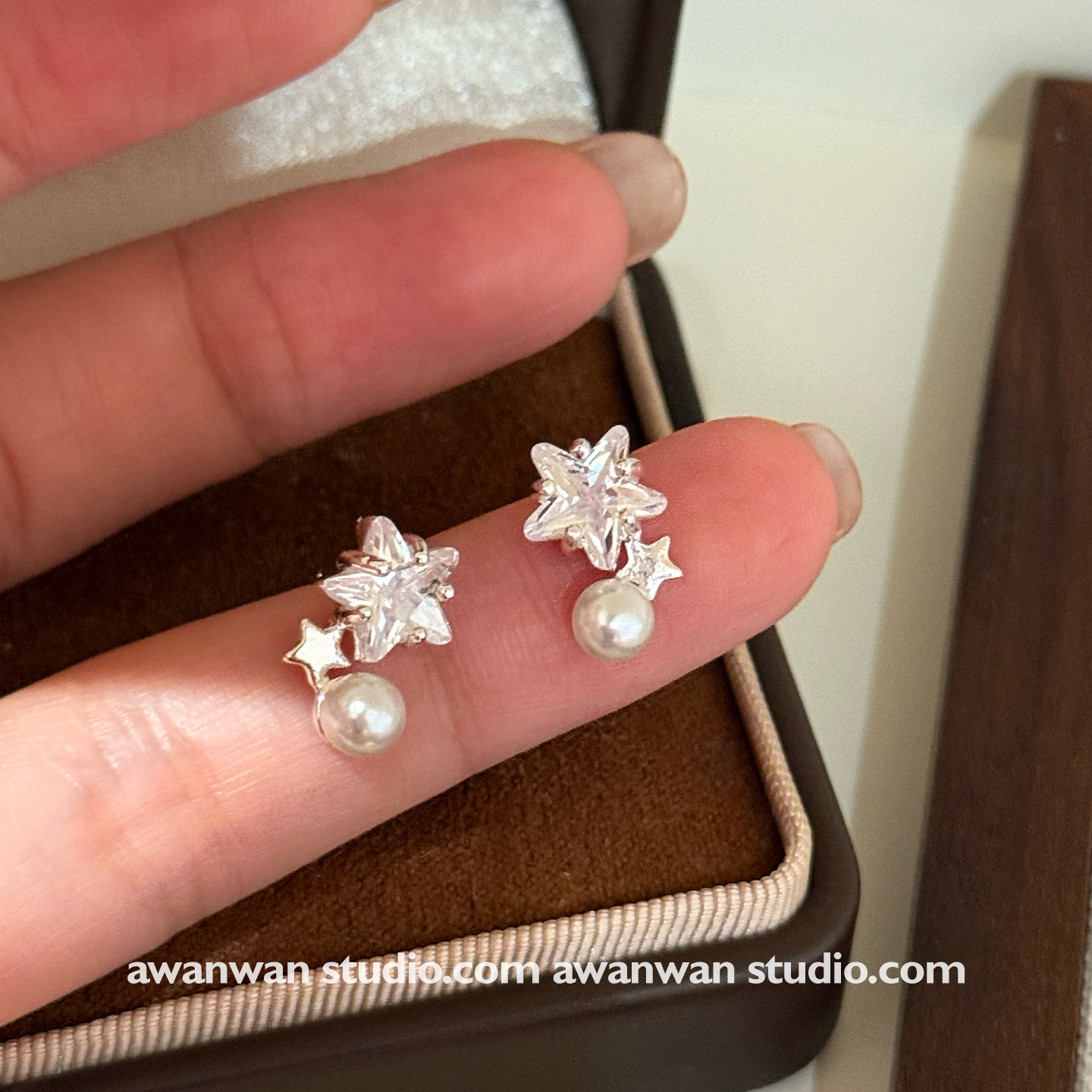 阿婉Wan一闪一闪亮晶晶~精致少女心锆石五星仿珍珠耳钉气质耳饰