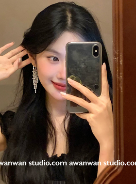 阿婉Wan清冷破碎感 方圆脸天菜纯白水晶流苏耳环高级感精致耳饰