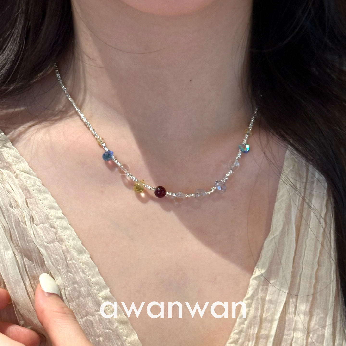 阿婉Wan 颈间彩虹~夏日ins风彩色水晶串珠锁骨链简约百搭气质项链