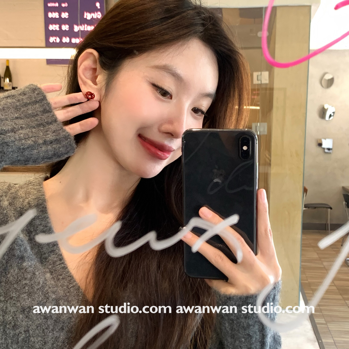 阿婉Wan 碱水结～法式甜美红色珐琅爱心打结耳钉日常百搭耳饰小巧