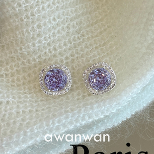 阿婉Wan 高级感紫水晶玫瑰方糖耳钉女百搭甜美耳饰耳环 紫色rose