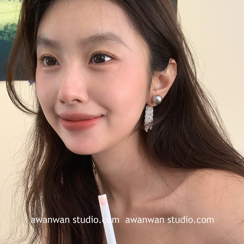 阿婉Wan小众烟灰珍珠流苏耳钉