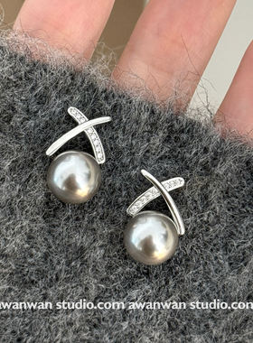 阿婉Wan百搭公式~法式高级感真多麻色交叉珍珠耳钉时髦气质耳饰