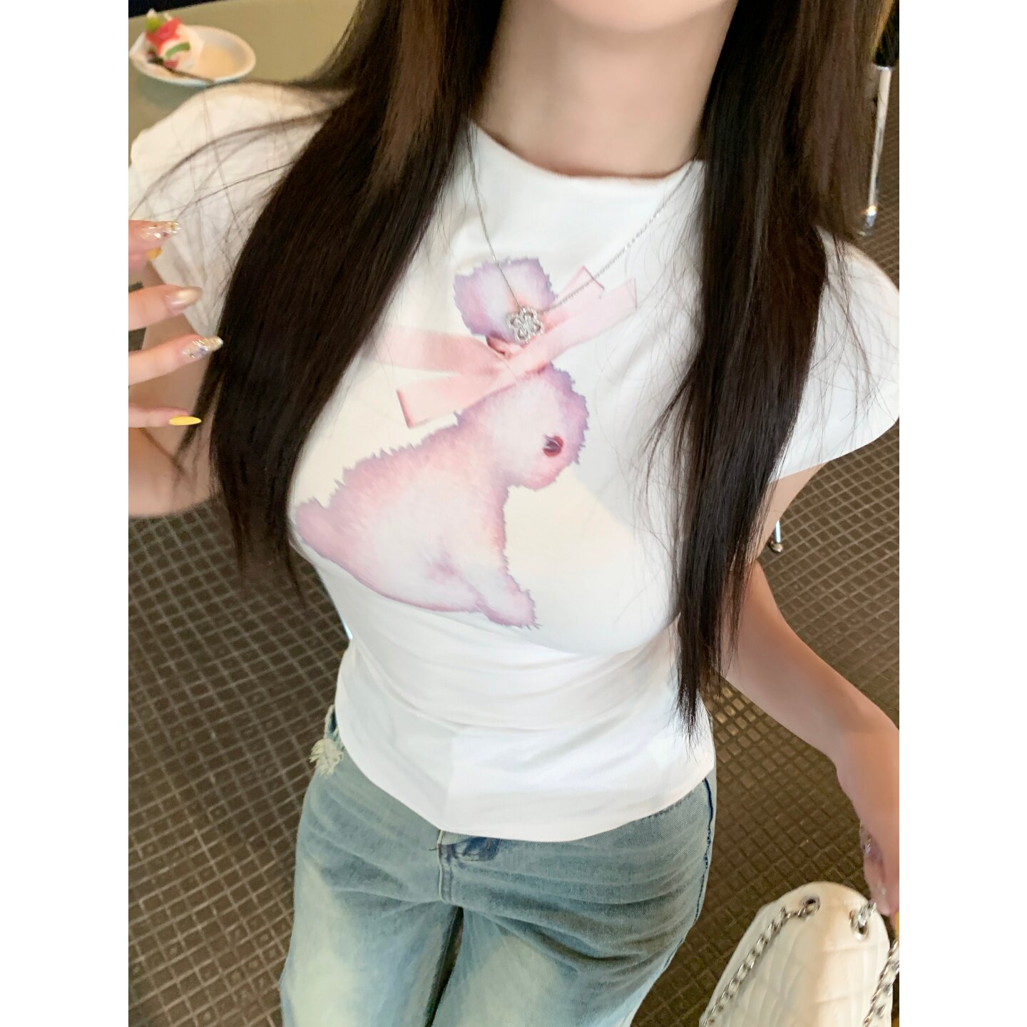 铅笔莓莓 2026新款纯欲兔子印花高领短袖女t恤夏韩系修身显瘦上衣