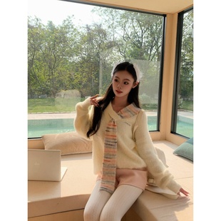 铅笔莓莓【绒意栖身】设计感撞色V领针织衫女春季慵懒风甜美上衣