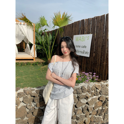 铅笔莓莓小众设计斜领条纹T恤女
