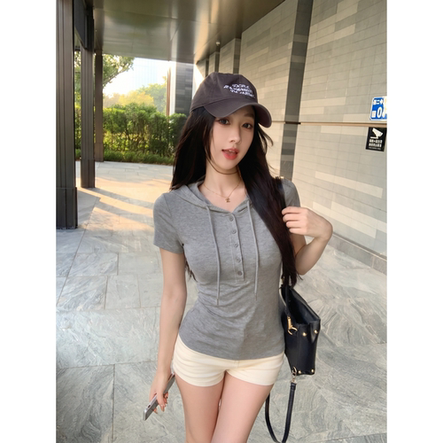 美式辣妹风连帽半开扣短袖T恤女