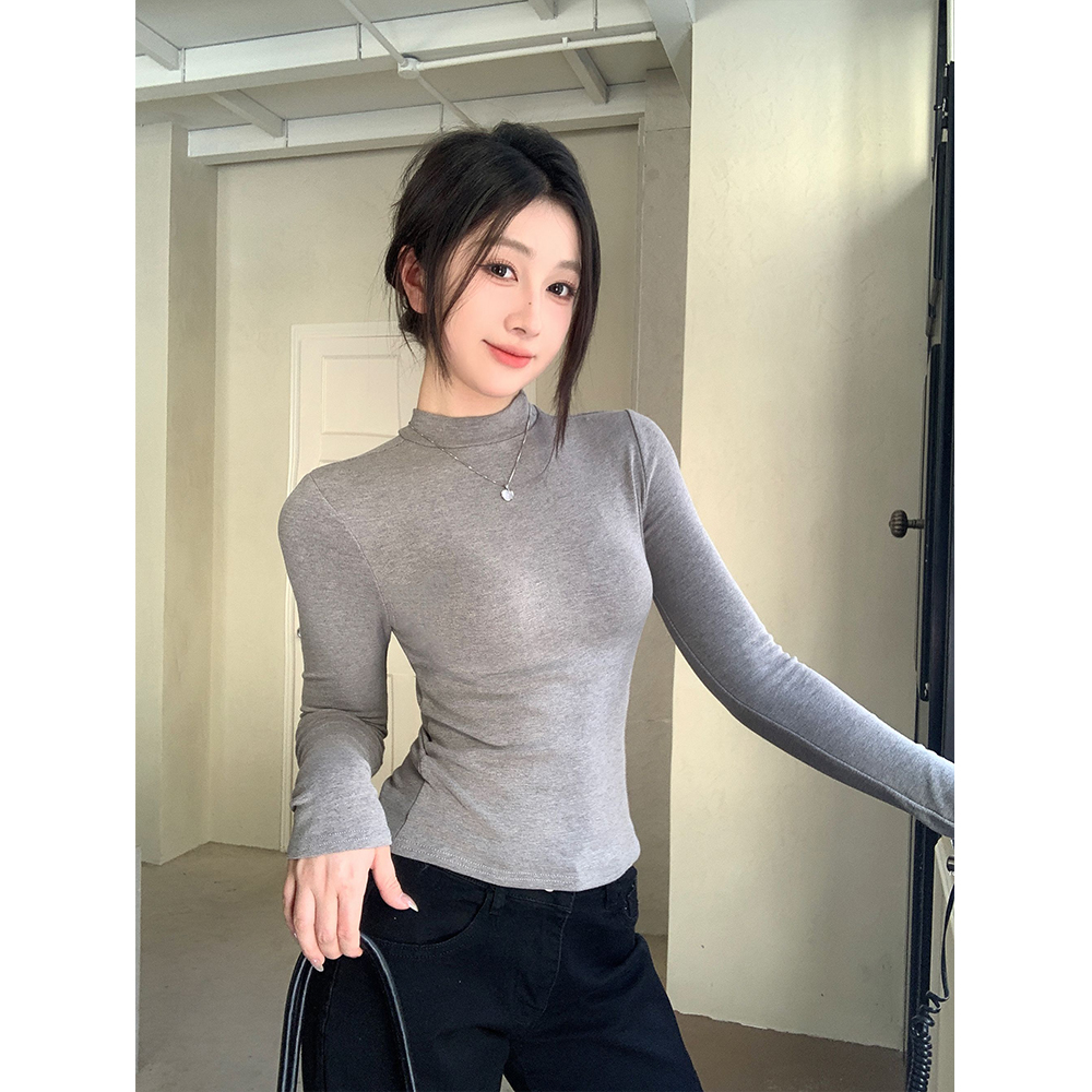 铅笔莓莓半高领打底衫长袖t恤女