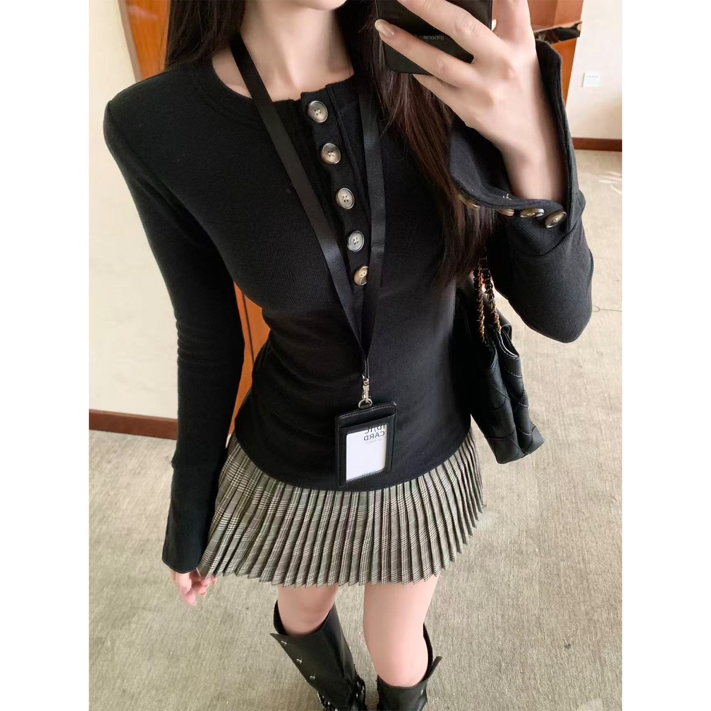 铅笔莓莓韩系半开领长袖T恤女