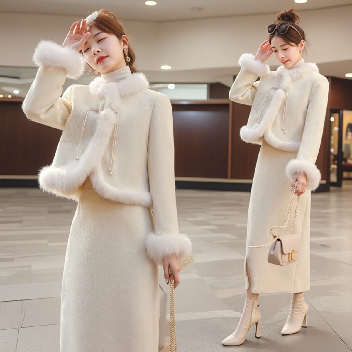 新中式真狐狸毛盘扣女式外套中国风套装裙防寒女装轻奢高级感秋冬