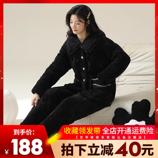 睡衣女2023新款冬款加厚加绒珊瑚绒套装可爱可外穿三层夹棉家居服