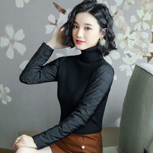 羽绒袖棉袖打底衫女冬季配皮草马甲的内搭小衫布袖子夹棉加棉毛衣