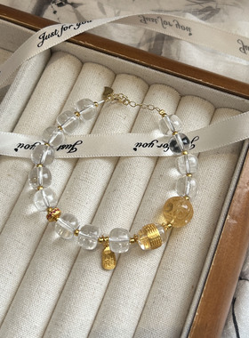 天然高级白水晶黄水晶复古银手链女生个性小众水晶串珠