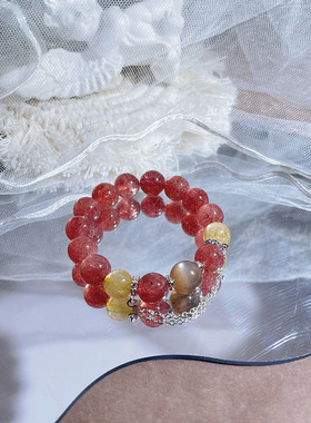 天然草莓晶手串女金发晶黑骨干高品质大颗粒串珠手链礼物