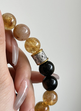 金曜石手链女生大颗小众天然水晶虎眼石红铜发鹰眼石串珠