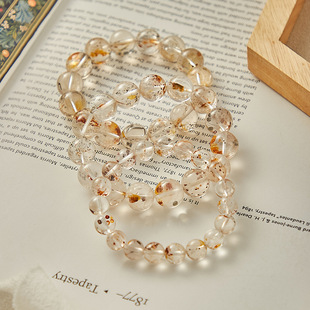 天然黄铁矿水晶手链圆珠10mm珠子黄铜矿白水晶共生铜闪片手串