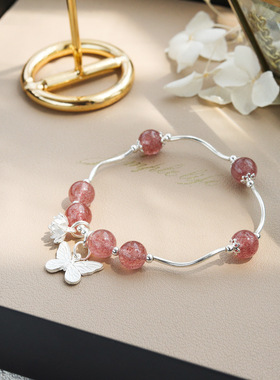 天然水晶手链女S925纯银草莓晶手串饰品