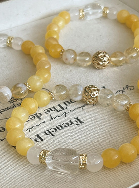 天然黄玉塔山黄水晶设计感随型白水晶手链女绣球配饰