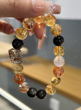 天然黄塔晶红胶花手链金曜石黑金超随型个性小众水晶串珠