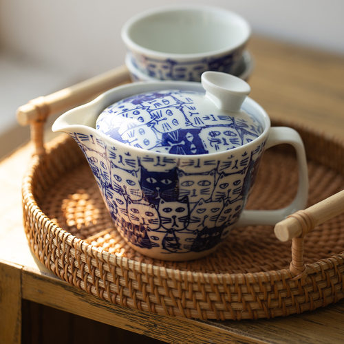 日本有田烧猫咪茶壶茶杯滤网套装