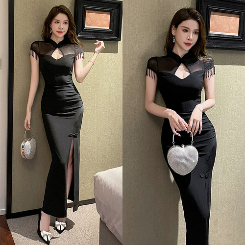夜场工作服新中式开叉旗袍晚礼服