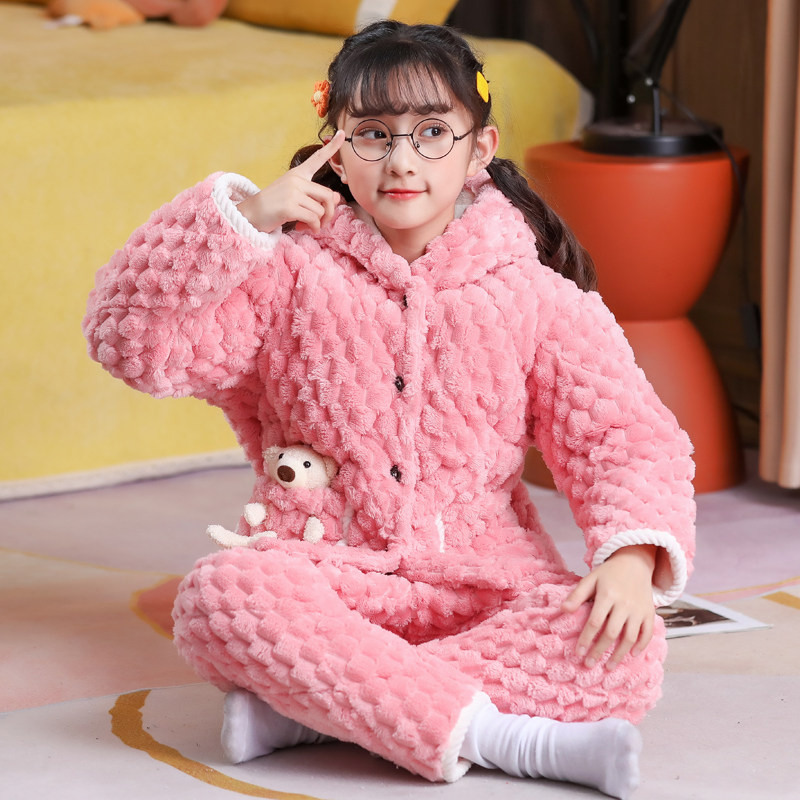 儿童睡衣冬季加厚款连帽保暖套装