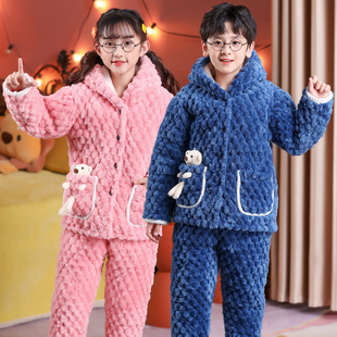男女童棉衣冬装珊瑚绒家居服套男女孩中大童儿童棉服加绒加厚冬季