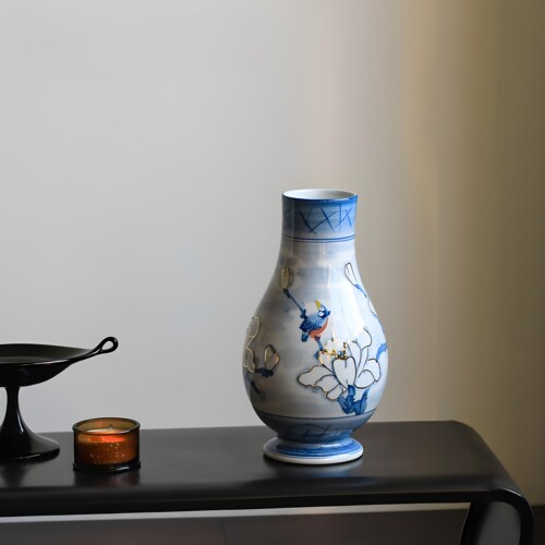 景德镇青花瓷鎏金花鸟玄关花瓶