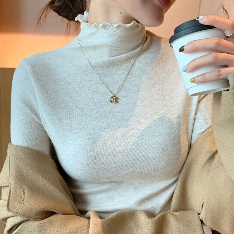 花边木耳边半高领打底衫女秋冬季内搭修身洋气百搭针织衫长袖上衣