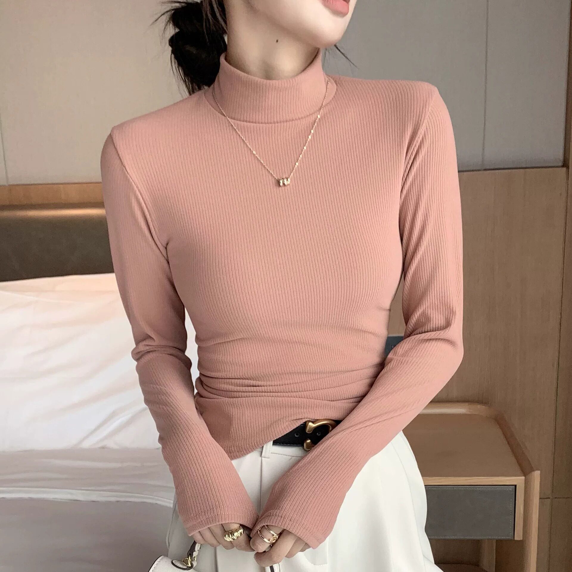 宽条纹半高领打底衫女修身显瘦百搭气质中领长袖上衣可内搭可外穿