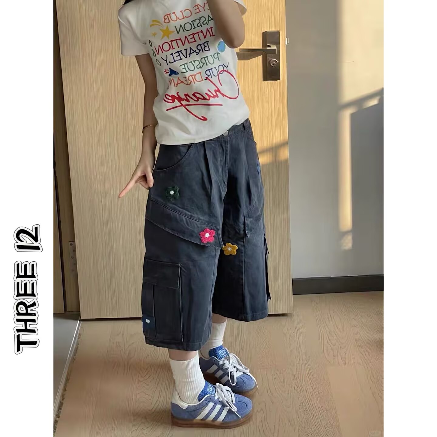 美式花朵刺绣牛仔七分裤女夏季百搭高街NERESUM宽松显瘦阔腿中裤