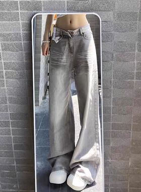 美式复古烟灰色高腰阔腿堆堆牛仔裤女2025春宽松显瘦直筒拖地裤子