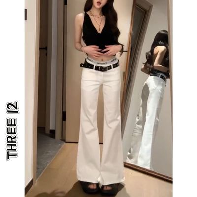 美式高街白色辣妹低腰微喇牛仔裤