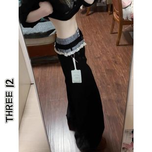 美式复古格纹拼接花边西装裤女夏季新款双腰头宽松直筒阔腿休闲裤